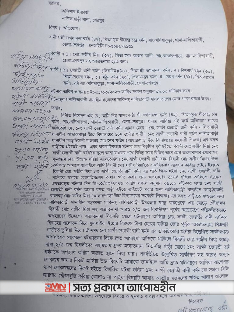 থানায় দায়েরকৃত অভিযোগ পত্র।