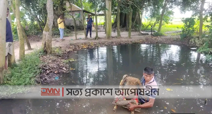 ঘটনার পর মন্দিরের একটি মূর্তি পাশের ডোবা থেকে উদ্ধার করেছেন পুরোহিত।